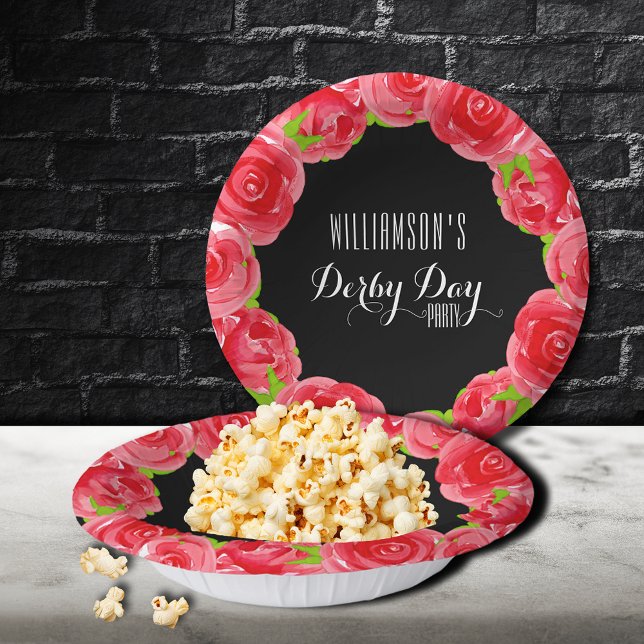 Watercolor Red Roses Derby Paper Plate (Watercolor Red Roses Derby 7" Paper Bowls)