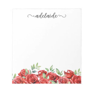 Watercolor Red Roses Floral Border Script Name Notepad