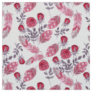 Watercolor red roses flowers feathers white fabric
