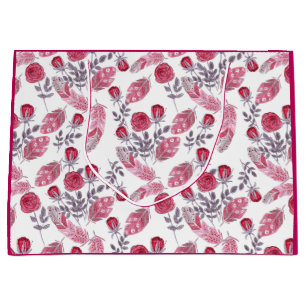 Watercolor red roses flowers feathers white large gift bag