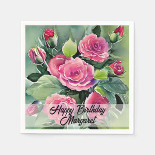 Watercolor Red Roses Happy Birthday Napkin