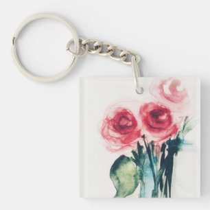 Watercolor Red Roses Keychain