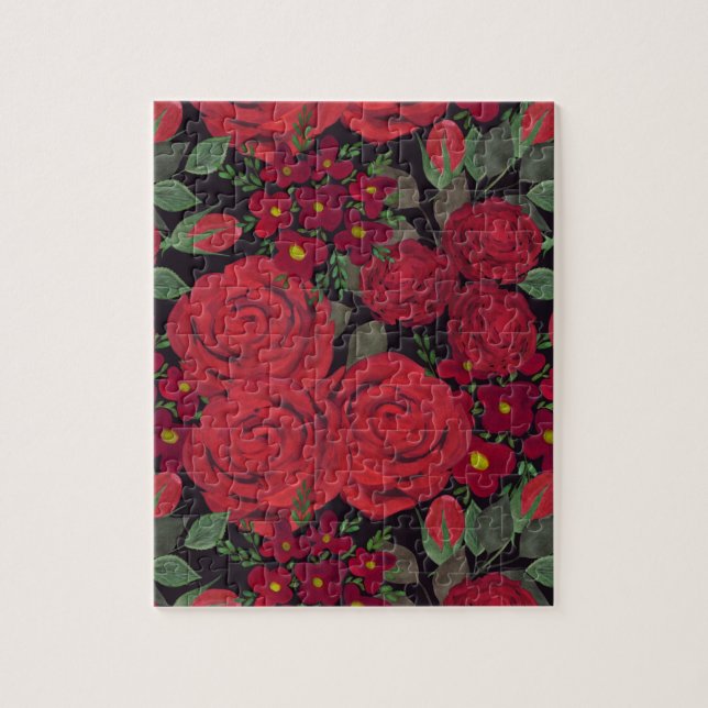 Watercolor red roses on black, jigsaw puzzle (Vertical)