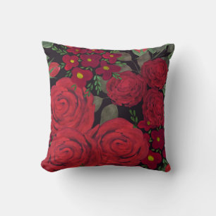 Watercolor red roses on black, throw pillow
