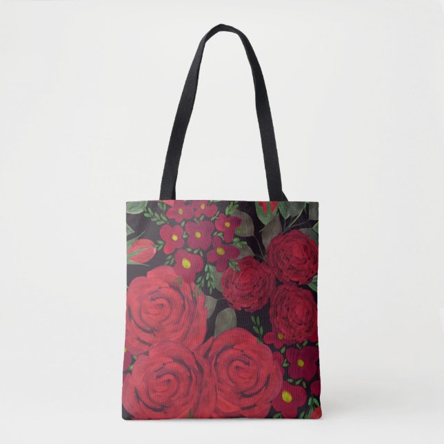 Watercolor red roses on black, tote bag (Front)