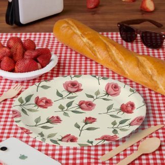 Watercolor Red Roses Paper Plates