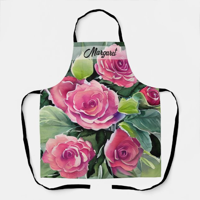 Watercolor Red Roses Personalized Apron (Front)