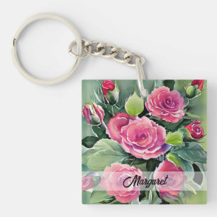 Watercolor Red Roses Personalized Keychain