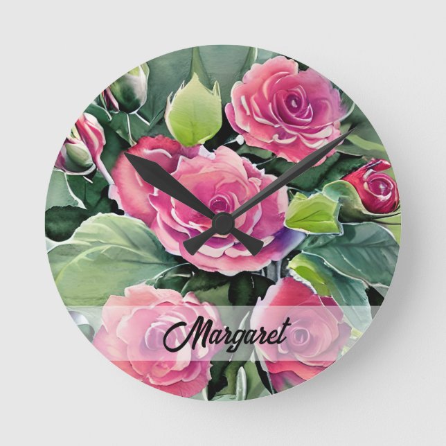 Watercolor Red Roses Personalized Round Clock (Front)
