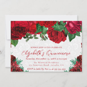 Watercolor Red Roses Quinceanera Invitation