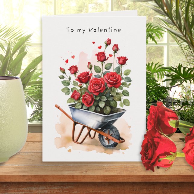 Watercolor Red Roses Rustic Floral Valentine's Day Card (A beautiful Valentine's Day card with watercolor-style illustration of red roses in a wheelbarrow)
