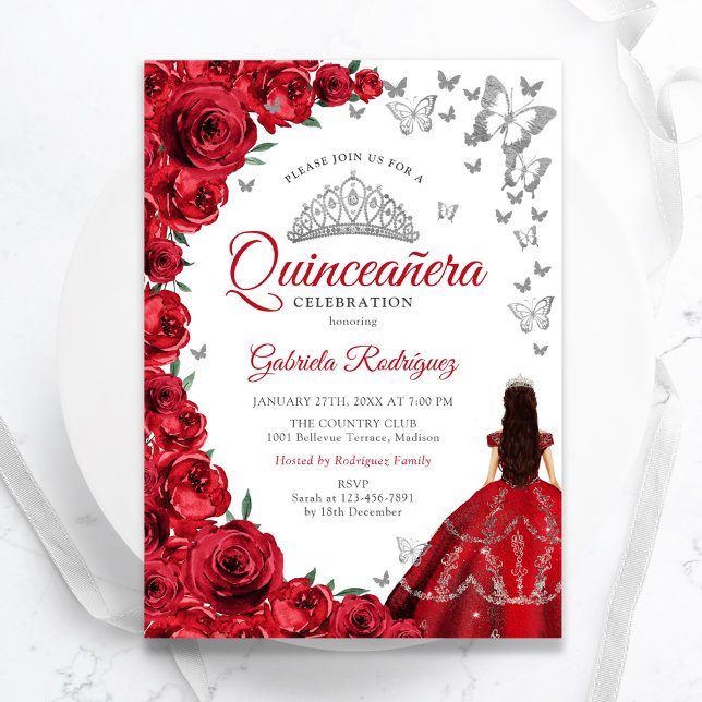 Watercolor Red Roses Silver Quinceanera Invitation (Creator Uploaded)