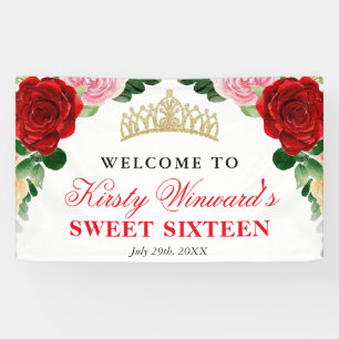 Watercolor Red Roses Welcome Sweet Sixteen Banner