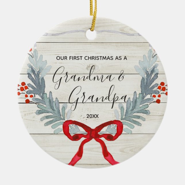 Watercolor Red Rustic Grandma Grandpa Christmas  Ceramic Ornament (Front)