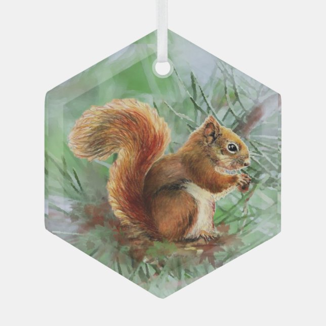 Watercolor Red Squirrel Animal Wildlife  Art Glass Ornament (Front)
