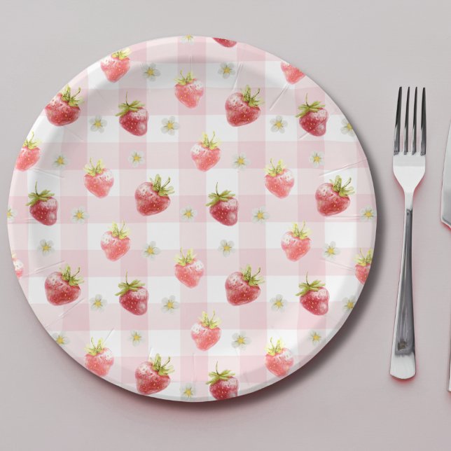 Watercolor Red Strawberry Pink Plaid  Paper Plate (Creator Uploaded)
