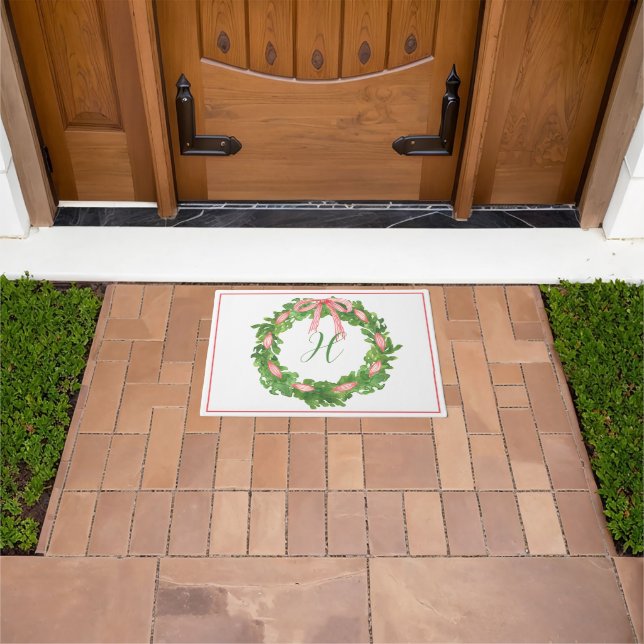 Watercolor Red Striped Bow Wreath Monogram Doormat (Outdoor)