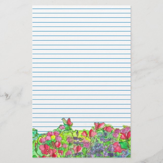 Watercolor Red Sweet Peas Blue Lined Stationery (Front)