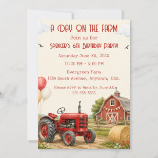 Watercolor Red Tractor Birthday Invitation Farm 