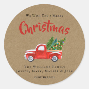 Watercolor Red Truck and Tree Name Christmas Round Classic Round Sticker