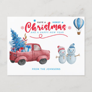 Watercolor Red Truck Christmas Scene Holiday Postcard