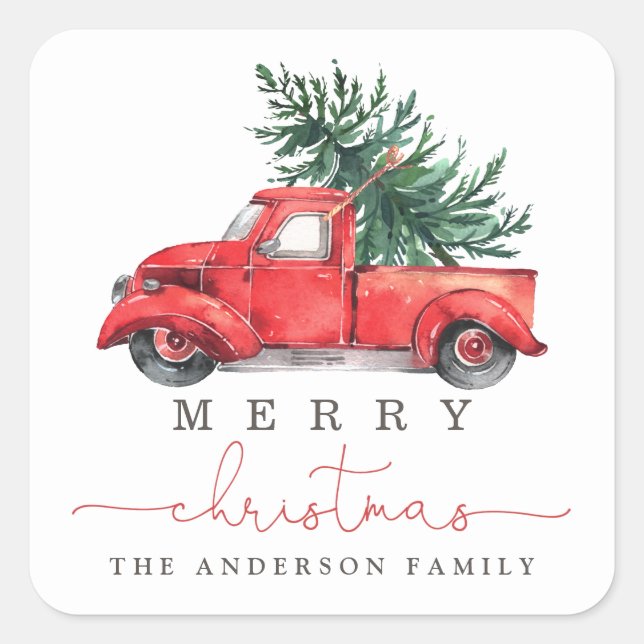 Watercolor Red Truck & Christmas Tree Favour Square Sticker (Front)