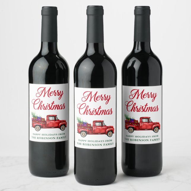 Watercolor Red Truck Christmas Tree String Lights Wine Label (Bottles)
