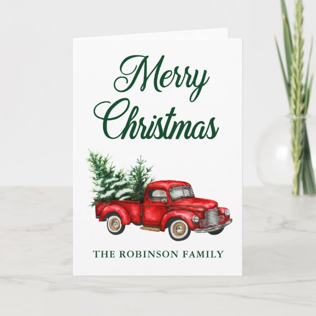 Watercolor Red Truck Merry Christmas Fold Card (Front)