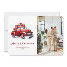Watercolor Red Truck Photo Merry Christmas Card
