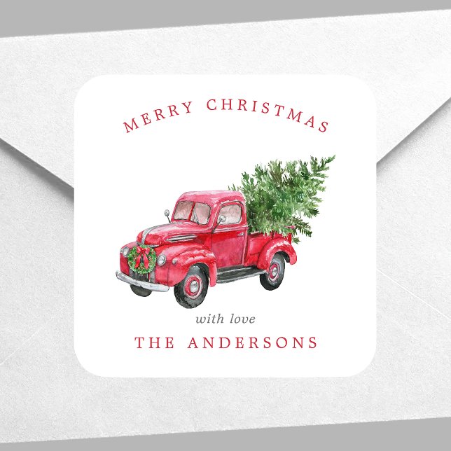 Watercolor Red Truck Retro Christmas Square Sticker (Creator Uploaded)