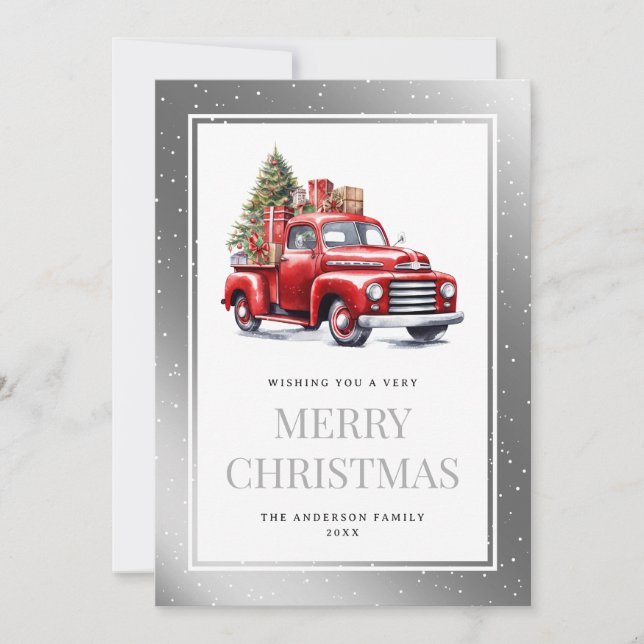 Watercolor Red Truck Silver Snowy Christmas Holiday Card (Front)