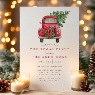 Watercolor Red Truck Wreath Christmas Party Invitation