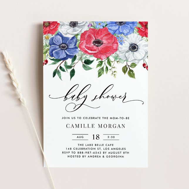 Watercolor Red, White and Blue Anemone Baby Shower Invitation (Creator Uploaded)