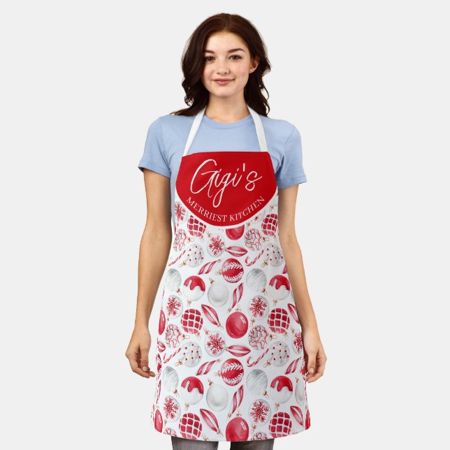 Watercolor Red White Baubles Gigi Gift Christmas Apron (Worn)