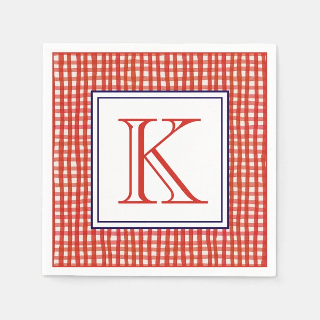 Watercolor Red White & Blue Gingham Monogram Napkin (Front)