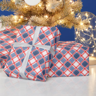 Watercolor Red White & Blue Gingham Plaid Wrapping Paper