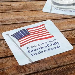 Watercolor Red White Blue Simple American Flag Square Paper Coaster