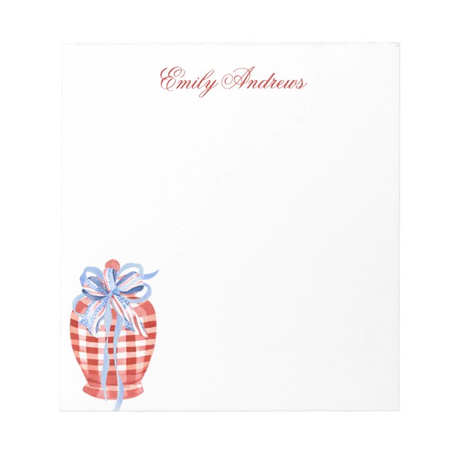 Watercolor Red & White Gingham Bow Ginger Jar Notepad (Front)