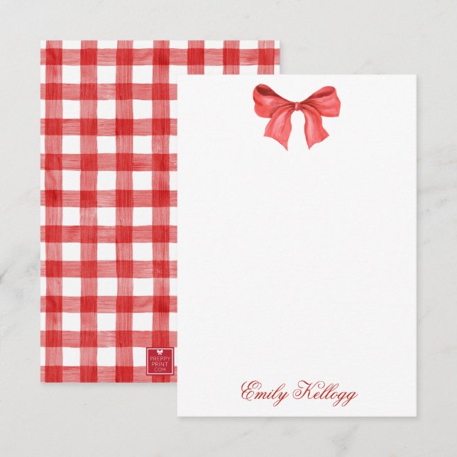 Watercolor Red & White Gingham Bow Thank You Card (Front/Back)