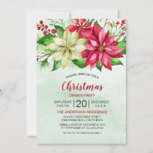 Watercolor Red White Poinsettia Floral Christmas