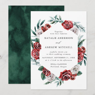 Watercolor Red & White Roses Floral Frame Wedding Invitation