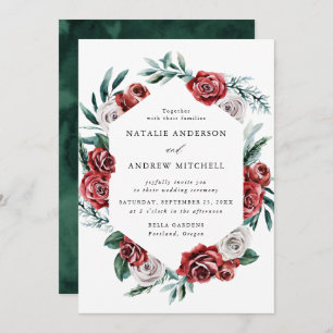 Watercolor Red & White Roses Floral Frame Wedding Invitation