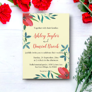 Watercolor Red Wildflower Green Floral Wedding Invitation