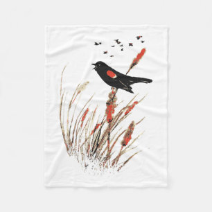 Watercolor Red Wing Blackbird Bird Nature art Fleece Blanket