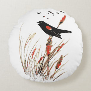 Watercolor Red Wing Blackbird Bird Nature art Round Pillow