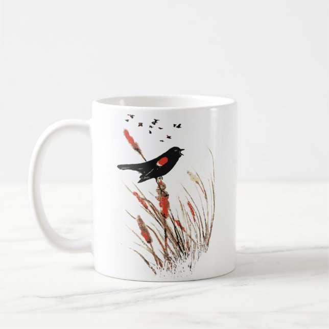 Watercolor Red Winged Blackbird Bird Animal Art Coffee Mug (Left)