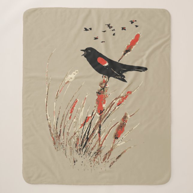 Watercolor Red-Winged Blackbird Bull Rushes Sherpa Blanket (Front)