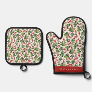 Watercolor Red Winterberry and Greenery Christmas Oven Mitt & Pot Holder Set