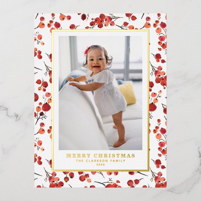 Watercolor Red Winterberry Happy Holidays Photo Foil Holiday Postcard (Front)