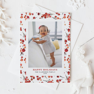Watercolor Red Winterberry Happy Holidays Photo Holiday Postcard